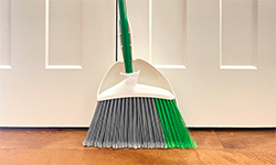 Broom and dustpan sitting on wood flooring