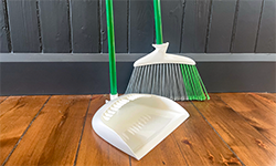 Broom and stand up dustpan sitting on wood floor