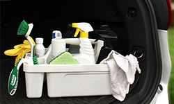 Cleaning caddy full of cleaning supplies, in a car trunk