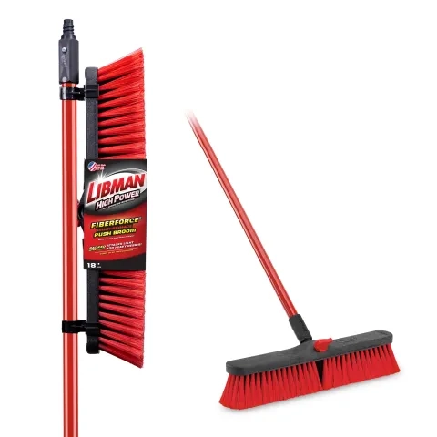 Red push broom in packaging next to the same broom without packaging