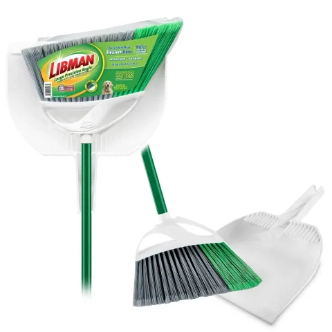 Broom and dustpan in packaging next to same broom and dustpan out of packaging