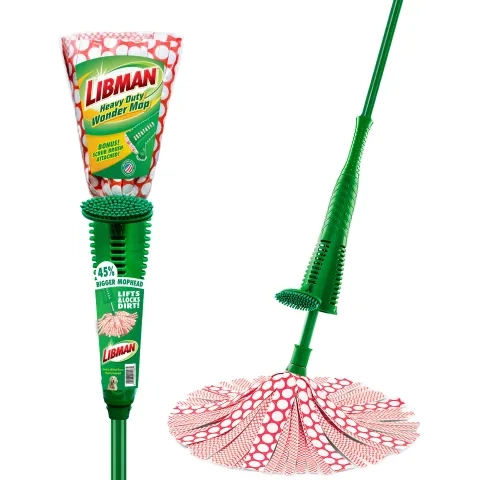Cone mop in plastic packaging next to same mop out of packaging