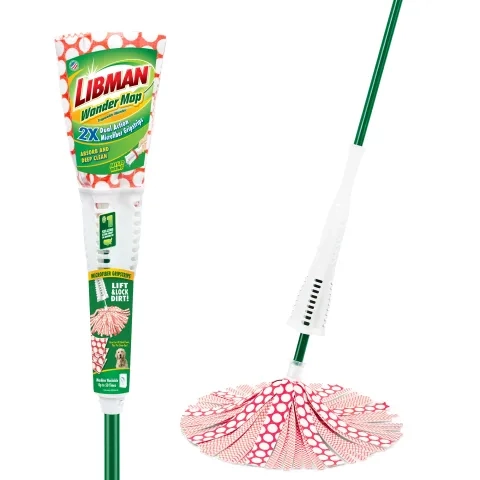 Cone mop in plastic packaging next to same mop out of packaging