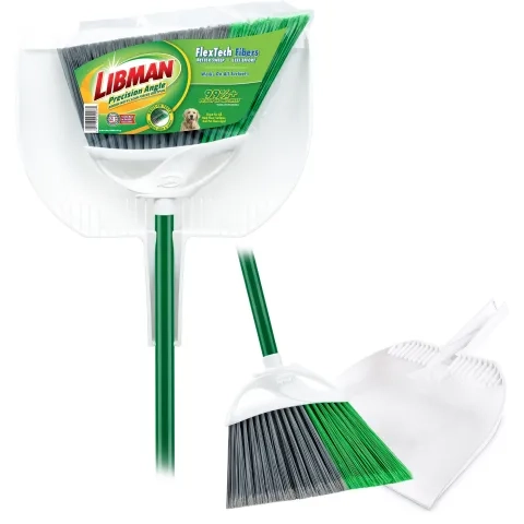 Broom and dustpan in plastic packaging next to same pair out of packaging