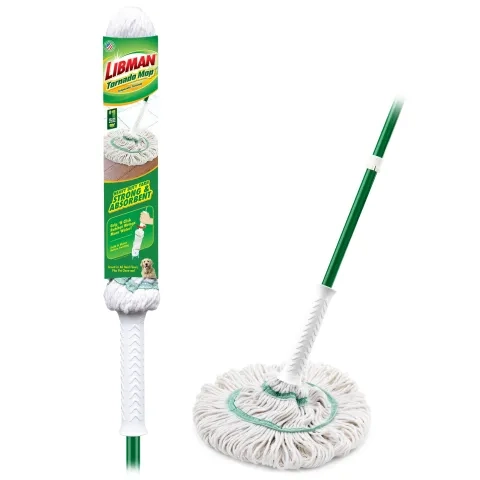 Twist mop in cardboard packaging next to same mop out of packaging