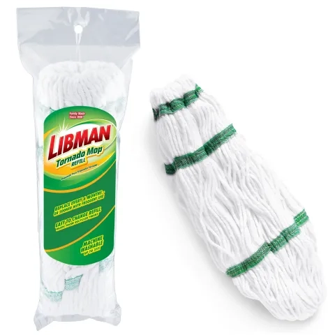 White twist mop head with green bands in packaging next to same mop head out of packaging