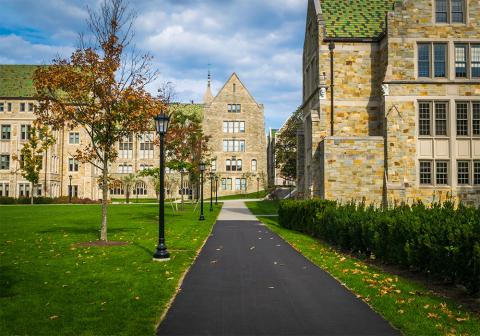 College campus classroom buildings surrounded by grass lawns